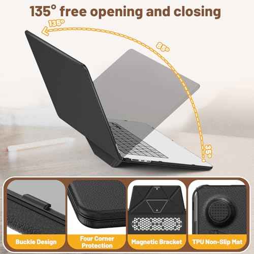 Compatible for MacBook Air 15 inch Case, Foldable Stand, Exquisite PU Leather Protective Hard Shell Cover for M4 M3 M2 2025 2024 2023 A3241 A3114 A2941, Black