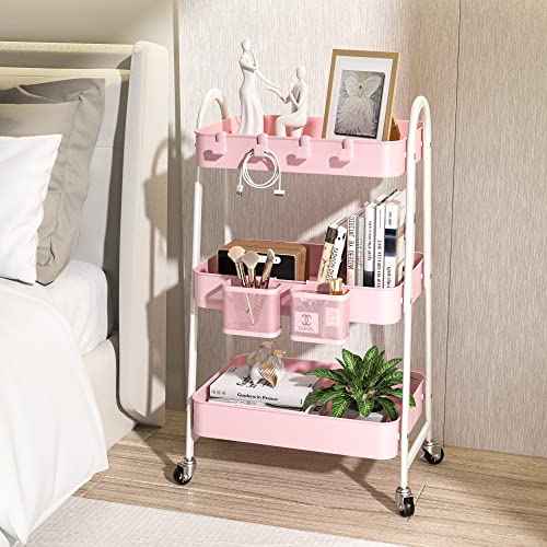 KINGRACK 3 Tier Utility Rolling Carts, Metal Rolling Storage Cart, Craft Art Cart with Handle and Locking Wheels & 2 Hanging Baskets 4 Hooks for Bathroom, Bedroom, Pink
