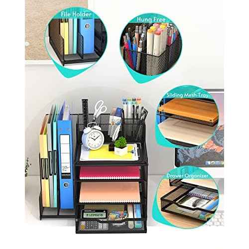 VIVSOL Desk Organizer with Mesh File Holder, 4-Tier Office Supplies Desk Organizers and Accessories with Sliding Drawers & Pen Holder, Desk File Organizer and Storage for Office, School, Home, Black