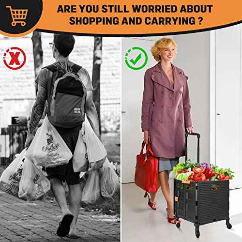 Foldable Utility Cart Folding Portable Rolling Crate Handcart Handcart Shopping Trolley Wheel Box with Lid,360¡ÆRotate Wheels,Heavy Duty Durable Dolly Cart for Teacher Tourist Shopping Office Outdoor