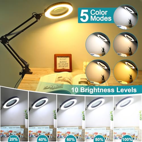 10X Magnifying Glass with Light and Stand, 2-in-1 Desk Lamp & Clamp Light, Seylae 5 Color Modes, Brightness Stepless Dimmable LED Lighted Magnifier Hands Free, Magnifier Lamp for Close Work, Reading