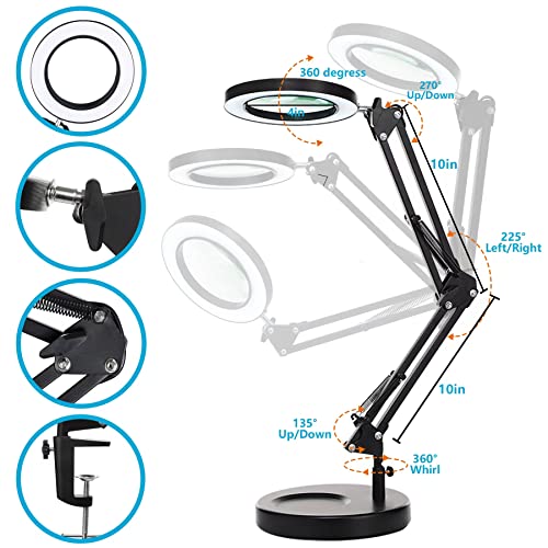 KIRKAS 10X Magnifying Glass with Light and Stand, 2-in-1 Stepless Dimmable LED Desk Lamp with Clamp, 3 Color Modes Lighted Magnifier Swivel Arm Light for Reading, Craft, Close Works - Black