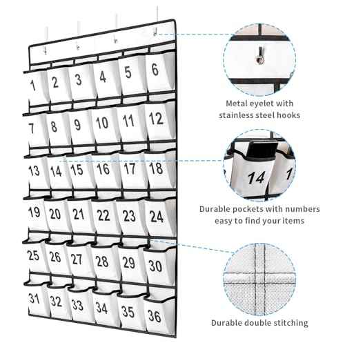 36 Pockets Numbered Classroom Pocket Chart for Cell Phones, Hanging Pocket Chart Storage for Classroom Phone Calculator Holder with 4 Stainless Steel Hooks (White-36pockets)
