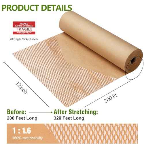 Honeycomb Packing Paper,12" W x 200' L Bubble Cushioning Wrap for Moving,Products & Gifts Wrapping Paper,Recyclable and Biodegradable Cushioning Packing Material with 20 Fragile Sticker Labels