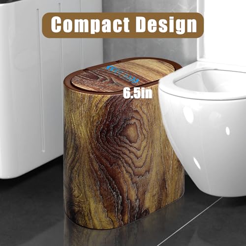 Bathroom Trashcans with Lids, Plastic Marble Wood Pattern Trash Can Small Garbage Bin with Lid for Bathroom Narrow Wastebasket Modern Waste Basket for Home Indoor Hotel (Plastic Wood Pattern)