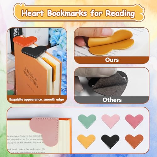 6pcs Leather Heart Bookmarks for Reading Women, Cute Corner Page Book Marks for Book Lovers Teachers Students, Reading Accessories Gifts for Book Lovers