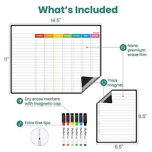 Magnetic Dry Erase Chore Chart - 14.5"x11" Chore Chart for Kids, Teens and Adults - 6.5"x8.5" List Board for Fridge - 6 Extra Fine Point Markers Included - Shipped Flat