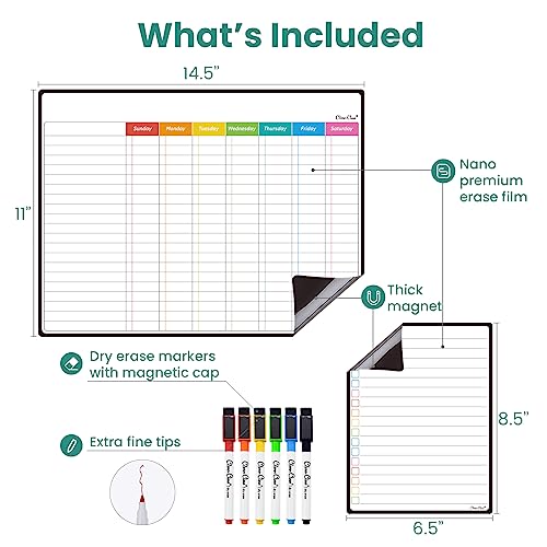 Clever Clean Magnetic Dry Erase Chore Chart & List Board Set - Kids, Teens & Adults - 14.5x11 Inches with Markers - Chore+List Variation