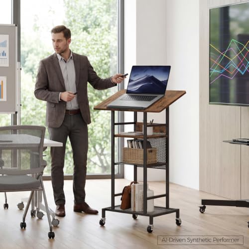 MAHANCRIS Rustic Brown & Black Podium Stand with Locking Wheels, 4-Tier Lectern