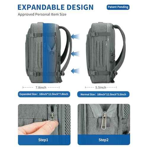 WANDF Expandable Travel Backpack For Spirit Airlines Personal Item Bag 18x14x8 with Wet Pocket, 17 Inch Laptop Backpack for Men£¨Grey£©