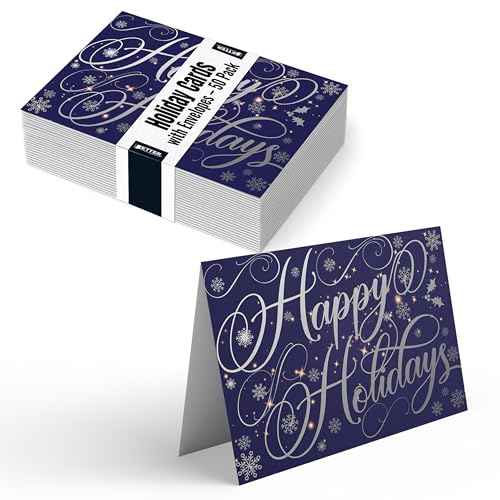 Better Office Products 50 Pack Happy Holidays Cards with Silver Foil Accents, 5" x 7", High Gloss, Interior Greeting, with 50 Envelopes, Christmas Cards, New Years Cards, 50 Count Boxed Set
