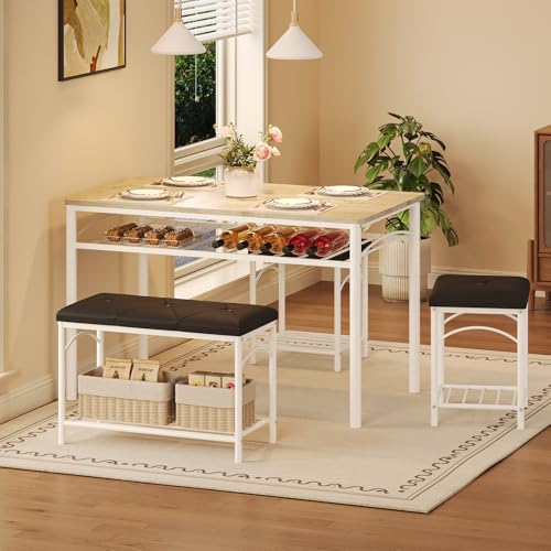 Garvee White Dining Table Set for 4 with Upholstered Bench, 2 Stools + Storage Rack