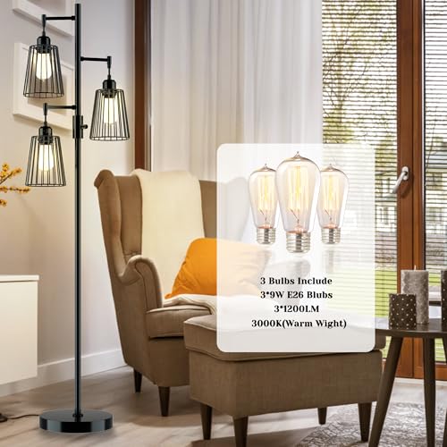 COFF Industrial Floor Lamp, 3 x 1200LM Edison LED Bulbs Included, Bright 3-Light Dimmable Floor Lamp, Farmhouse Tall Standing Lamp for Living Room, Bedroom Office Rustic Home Decor (Matte Black)