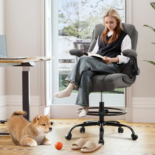 MAHOMICO Grey Drafting Chair Tall Office Chair for Standing Desk, Ergonomic with Foot Ring & Lumbar Support