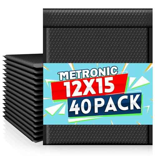 Metronic Large Bubble Mailers 12x15 Inch 40 Pack Waterproof Padded Envelopes Black Bubble Envelopes Opaque Cushioning Mailer for Shipping Clothes, Books,Jewelry Makeup Supplies