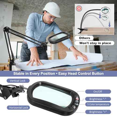 10X Rectangle Magnifying Glass with Light and Clamp, 5 Color Modes Stepless Dimmable, Lighted Magnifier with Stand Hands Free, Flexible Swing Arm LED Desk Lamp for Close Work, Craft, Reading, Painting