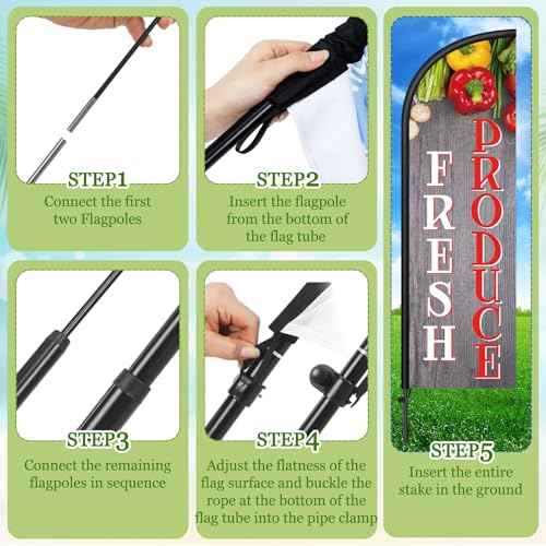 2 Sets 7 ft Fresh Produce Feather Flag with Flagpole and Ground Stake, Fresh Produce Advertising Feather Banner Flag Sign for Farm Fruit Shop Market Store Business Advertising Supplies