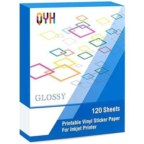 QYH Printable Vinyl Sticker Paper for Inkjet Printer Glossy 120 Sheets Adhseive White Labels 8.5"x11" Decal Paper
