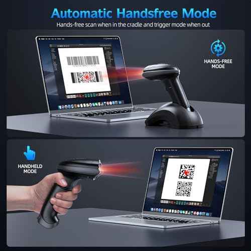 TEEMI Bluetooth Barcode Scanner with USB Charging Cradle Data Receiver, 1D 2D QR Wireless Bar Code Reader for iOS Android Windows Mac OS, BT 5.0 Longer Range, Automatic Handsfree Screen Scanning