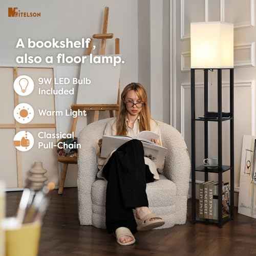 Floor Lamp with Shelves and USB, USB-C & Power Outlets, Shelf Lamp with Charging Station, Modern Square Lamps for Living Room, Standing Floor Lamp for Bedroom and Office, Tall Lamp, Black
