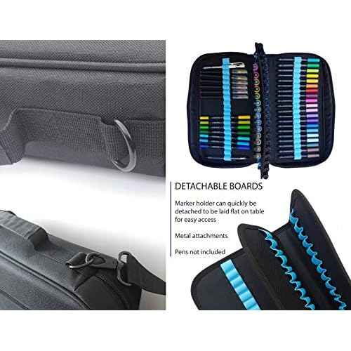 TOOLI-ART Marker & Pen Carrying Case -120 Slots, Canvas, Extra Pockets, Trolley Sleeve, Removable Shoulder Strap, For Most Markers (up to 15mm Diameter), Lipstick, Etc. Black