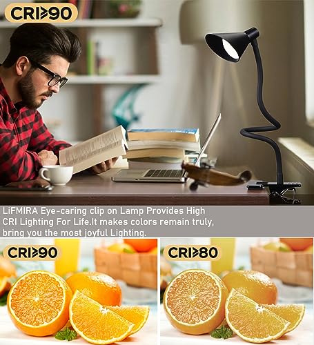 LiFMIRA Clip-On USB Reading Desk Lamp with 3 Color Modes Black