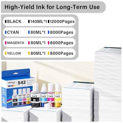 542 Ink Refill Bottles 4 Pack Compatible for Epson Ecotank ET-5850 ET-5150 ET-5800 ET-5180 ET-16600 ET-5170 ET-5880 ET-16650 ST-C8000 ST-C8090 Printer, T542 Pigment Ink Refill Bottles