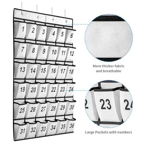 36 Pockets Numbered Classroom Pocket Chart for Cell Phones, Hanging Pocket Chart Storage for Classroom Phone Calculator Holder with 4 Stainless Steel Hooks (White-36pockets)