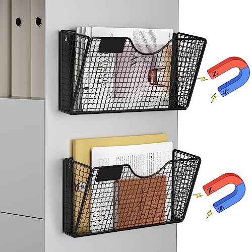 MFTEK Magnetic File Holder, 2 Pockets Magnetic File Folder Holder No Drilling Magnet Paper Mail Organizer Magazine Basket, Hanging Wall Storage Rack for Fridge Cabinets Office Classroom