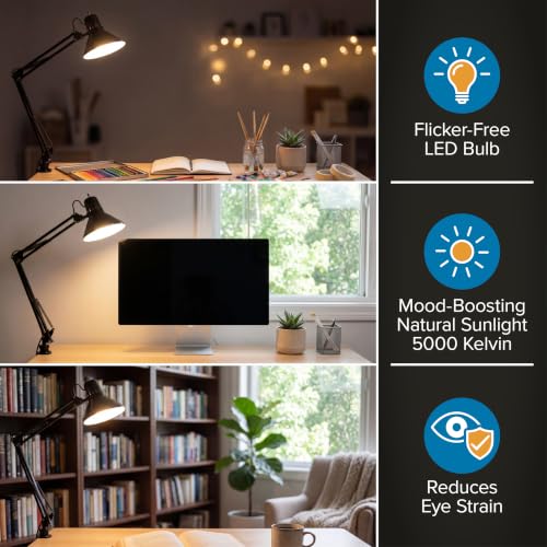 Bostitch 36-Inch Reach LED Swing Arm Desk Lamp with Clamp Mount, Black