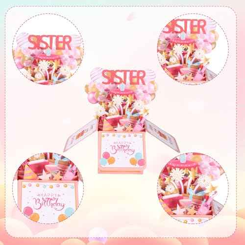 Funny Happy Birthday Sister Pop Up Card, 3D Birthday Card with Envelope Unique Gift for Women Party Decoration Keepsake