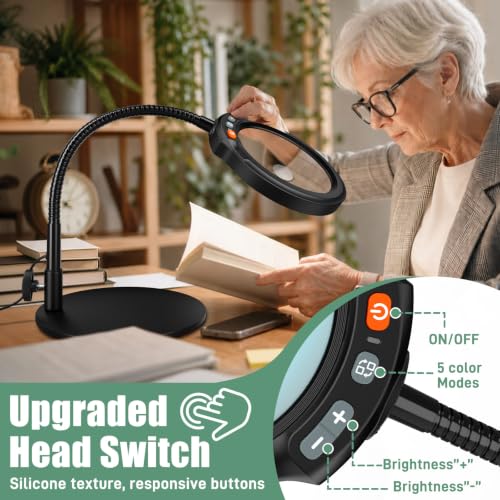 Haotor Black 30X 10X Large Magnifying Glass with Light & Stand, 5-Inch HD Lens, Dimmable LED Desk Lamp