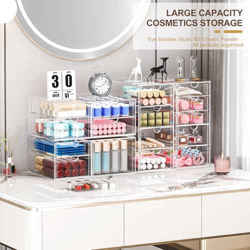 Makeup Organizer Storage With 16 Drawers, 4 Pcs Desktop Office Supplies, Desk Organizers, Clear Accessories, Dustproof Drawer and for Make Up, Jewelry, Pen, Stationary