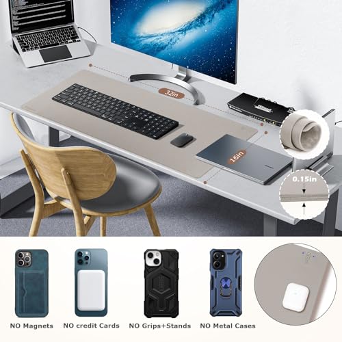 Wireless Charging Mouse Pad Firelison 2 in 1 Leather Multifunctional Office Desk Pad with Non-Slip Rubber Base, Waterproof Desk pad for Computers/Office/Work/Home/Decor£¨ 32" x 16"Grey - L£©