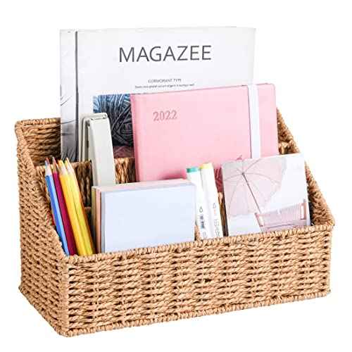 Woven Mail Organizer Countertop, 12 Inch Mail Organizer Basket for Bill and Pen, Farmhouse Desk organizers and storage