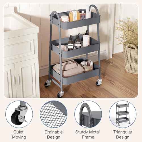 OLIXIS 3 Tier Utility Rolling Cart with Lockable Caster Wheels, Metal Mobile Storage Shelf, Organization for Livingroom, Bathroom, Kitchen, & Narrow Places, Light Grey