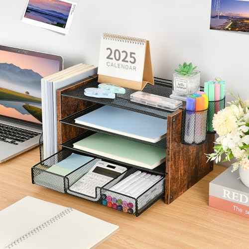 Desk Organizer and Accessories, 4-Tier Desktop File Organizer with Drawer and 2 Pen Holders, Office Desk Accessories for Office Supplies(Wood)