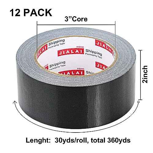 Black Duct Tape Heavy Duty - 30 Yards x 2 Inch 12 Roll Multi Pack - Strong, Flexible, Waterproof and Tear by Hand - for Indoor & Outdoor Repairs, Industrial, Professional Use