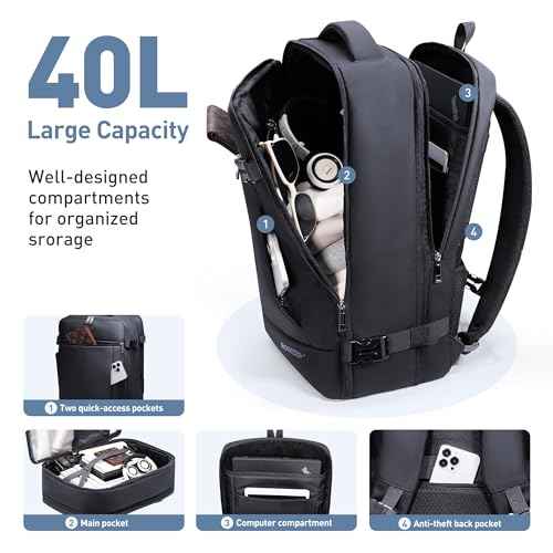 SHOWKOO Travel Backpack For Man Women, Airline Approved Carry On Laptop Backpack For Business, 40L Expandable Large Capacity Backpack, Black