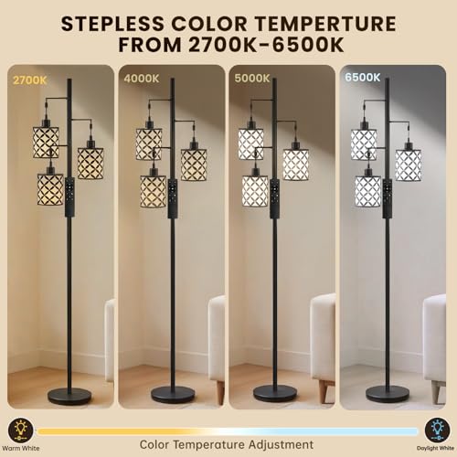 New Upgraded 72" Tall Dimmable Floor Lamp with Remote Control & White PC Shades, Farmhouse Standing Lamp with Bulbs, Industrial Tree Pole Floor Lamps for Living Room, Bedroom, Study Room, Office-Black