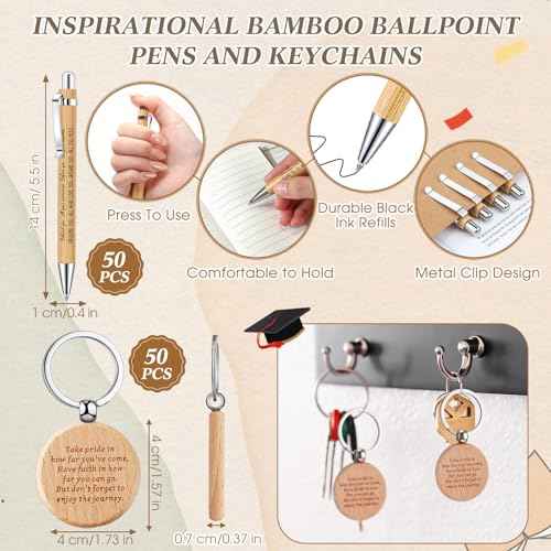 150 Pcs Class of 2025 Graduation Gifts Bulk Inspirational Pocket Kraft Notebooks and Ballpoint Pens with Wooden Keychains Graduation Party Favors for Daughter Son College Senior Students