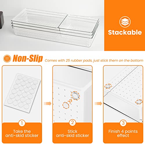 Criusia 6 Pack Large Clear Drawer Organizer Set - Non-Slip Acrylic Storage Trays for Kitchen, Bathroom, Office & Makeup