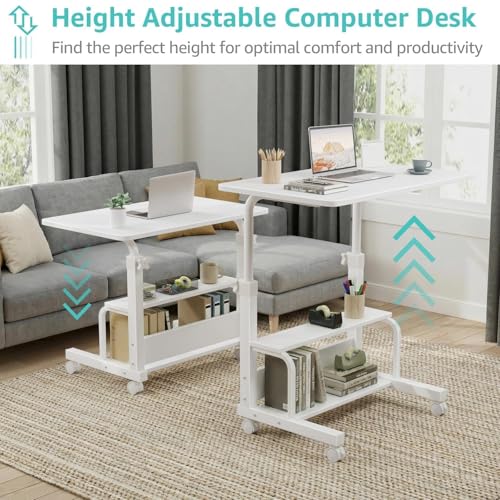 WINAZ 31.5" Small Portable Laptop Rolling Desk with Wheels, White, 2-Tier Storage