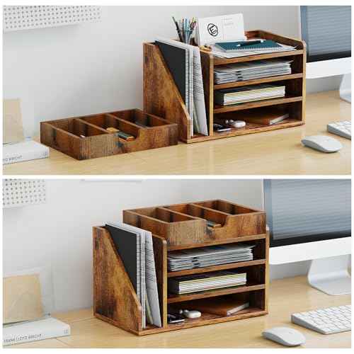 Wood Desk File Organizer with Side File Rack, Space-Efficient Design Easy to Assemble for Efficient Office Setup, Reduces Desk Clutter (Brown)