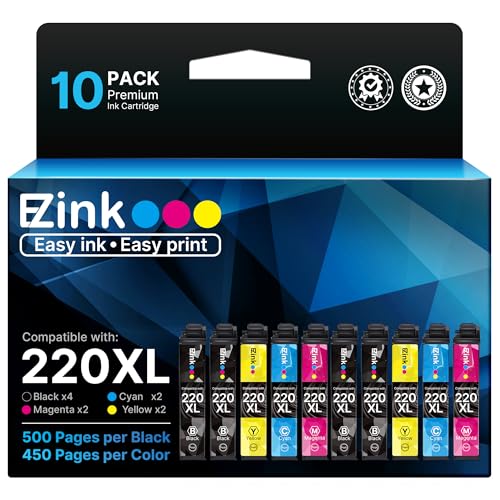 E-Z Ink Remanufactured Ink Cartridge Replacement for Epson 220 XL 220XL T220XL to use with WF-2760 WF-2750 WF-2630 WF-2650 WF-2660 XP-320 XP-420 XP-424(4 Black, 2 Cyan, 2 Magenta, 2 Yellow) 10Pack