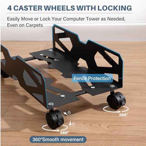 Adjustable Computer Tower Stand, Ventilated PC Tower Stand with 4 Caster Wheels,Mobile Under Desk CPU Holder, PC Cart, Computer Riser for Most Gamers and Students