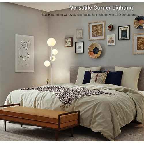 Fiqevs 4 Globe Floor Lamp for Living Room, Modern Standing Lamp with Frosted Sphere Glass Shade, 3000K Warm Light LED Bulbs Included, Tall Tree Lamp for Bedroom, Home & Office - White