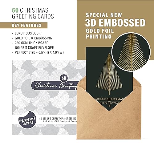 easykart labels 60 Gold Foil Christmas Greeting Cards with Envelopes | Dark Green Col & Embossing on Christmas Tree | 5.75 x 4.25 Inch Merry Christmas Cards with Seal Stickers For Friends , Family and loved Ones