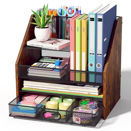 Wooden Desk Organizer - Mesh File Organizer with Drawers and Pen Holder - 4-Tier Vertical Paper Letter Storage Tray, Desktop Organizers and Accessories for Home Office