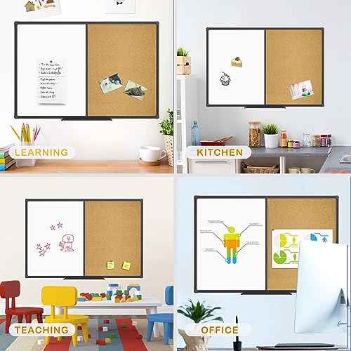 JILoffice White Board & Bulletin Corkboard Combination, Combo Board 48 x 36 Magnetic Whiteboard, Black Aluminum Frame Wall Mounted Board for Office Home and School with 10 Push Pins